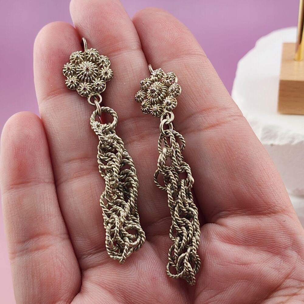 Silver Tone Rope Chain Tassel Earrings Floral Leverback Long Statement Pair